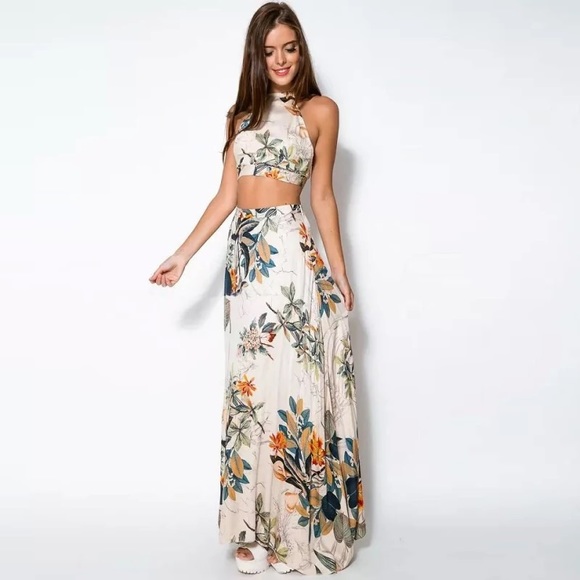 Two-Piece Set with Halter Top and Floral Detail Skirt - White main image 1
